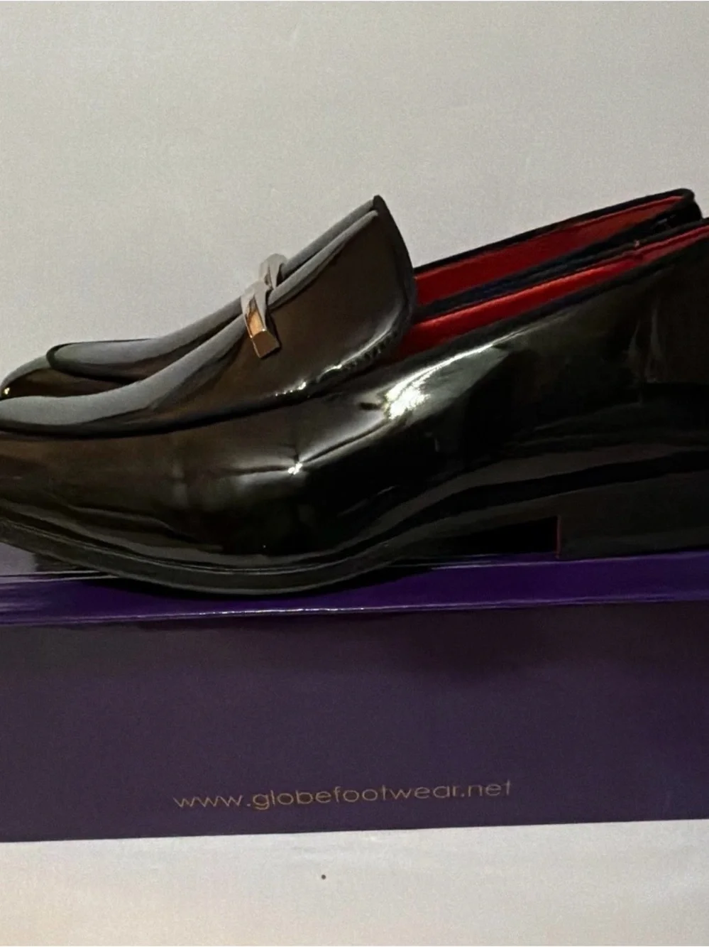Black Patent Slip-On Loafers with silver metal accent.  Men’s size 12